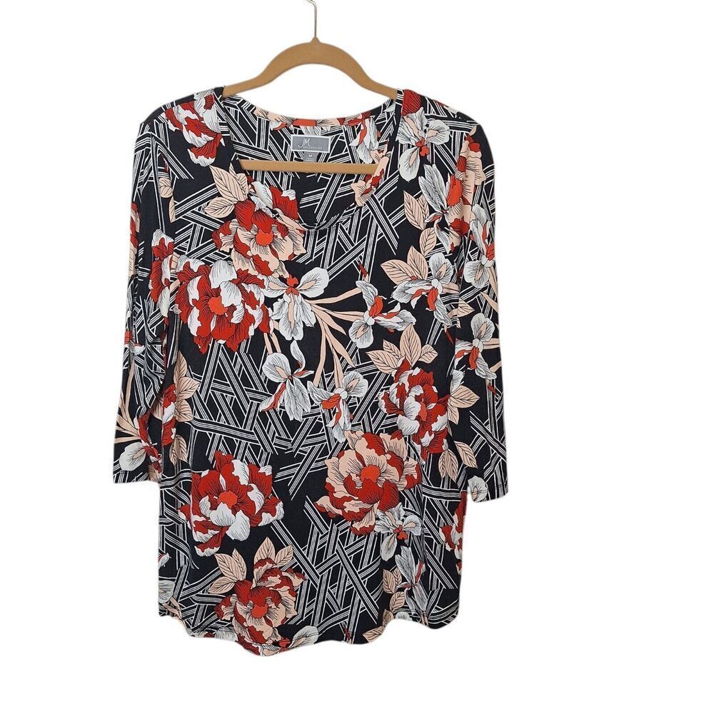Floral Print 3/4 Sleeve Women's Top - Black & Red